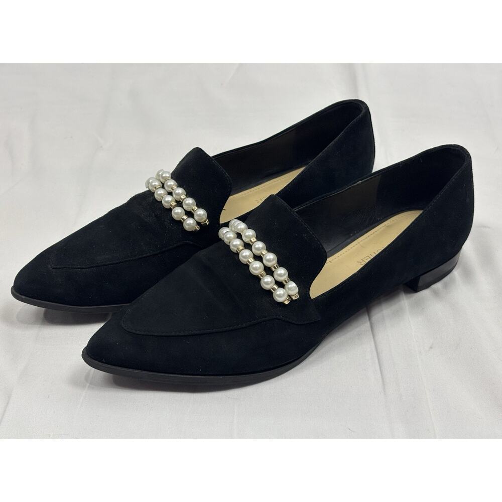 Marc Fisher Women's Kneel Pearl Embellished Flat Loafer Black Suede Size 8.5